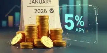 Gold coins and digital display showing 5% APY for high-yield savings in January 2026
