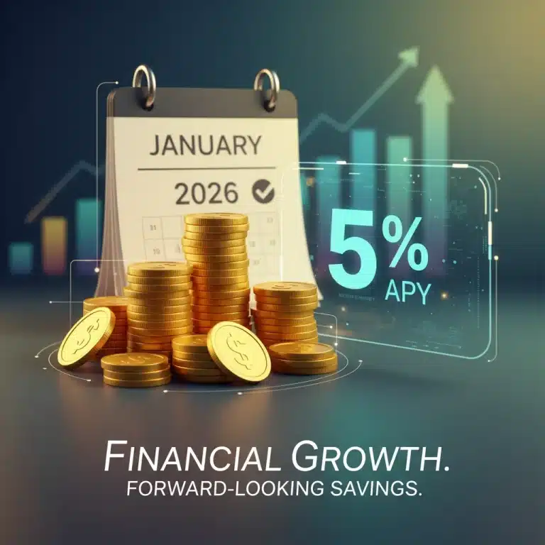 Gold coins and digital display showing 5% APY for high-yield savings in January 2026