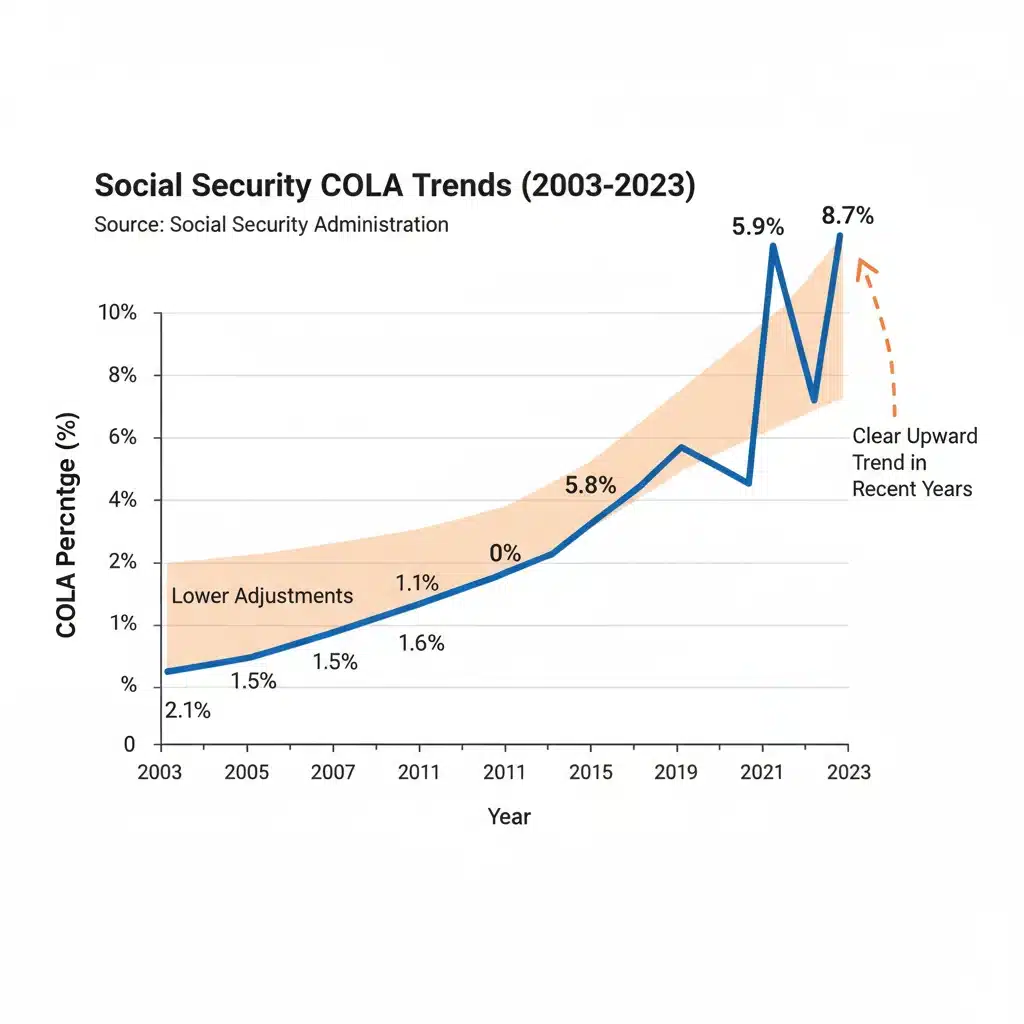 Historical graph showing Social Security COLA percentages over time.