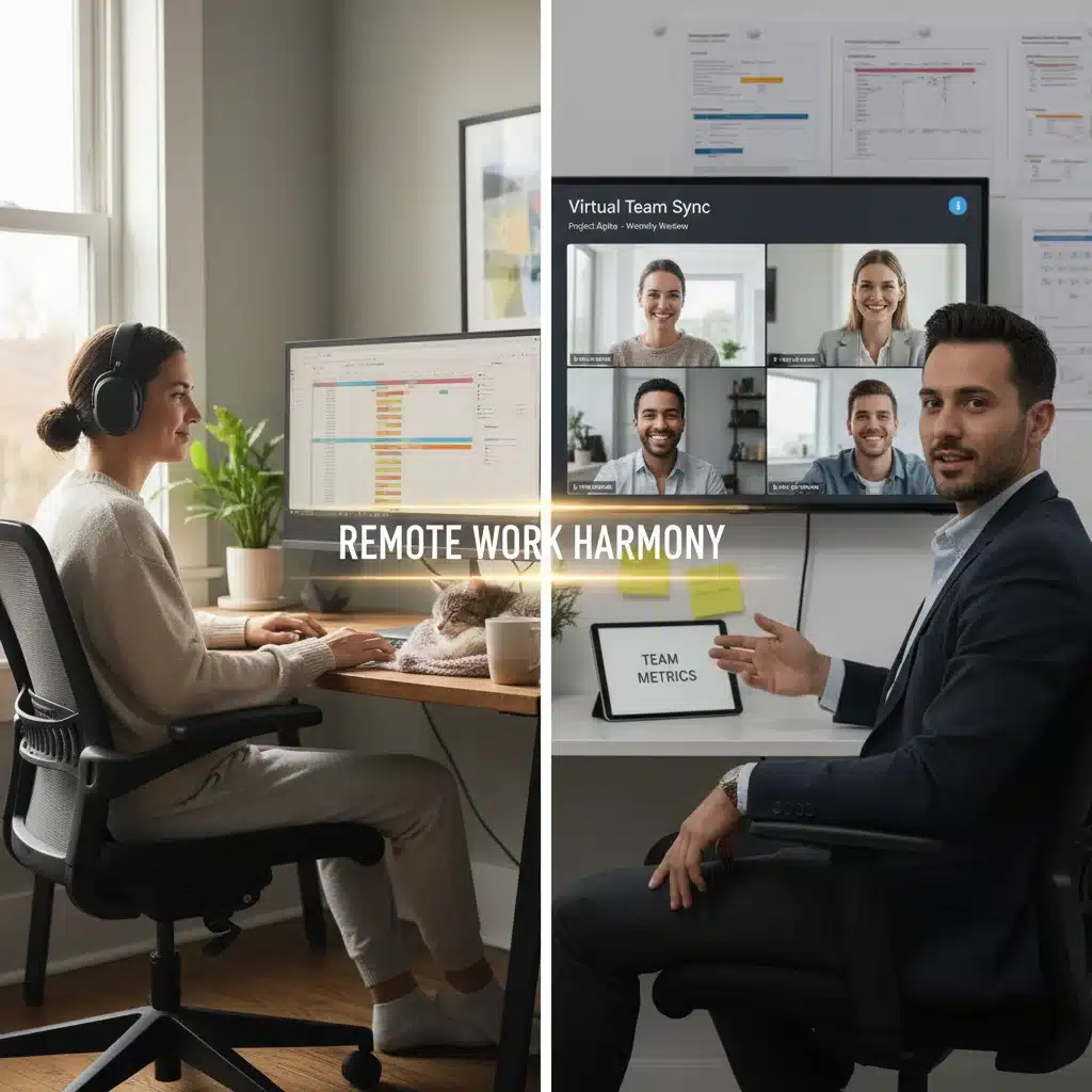 Employee in home office and manager leading virtual team meeting.