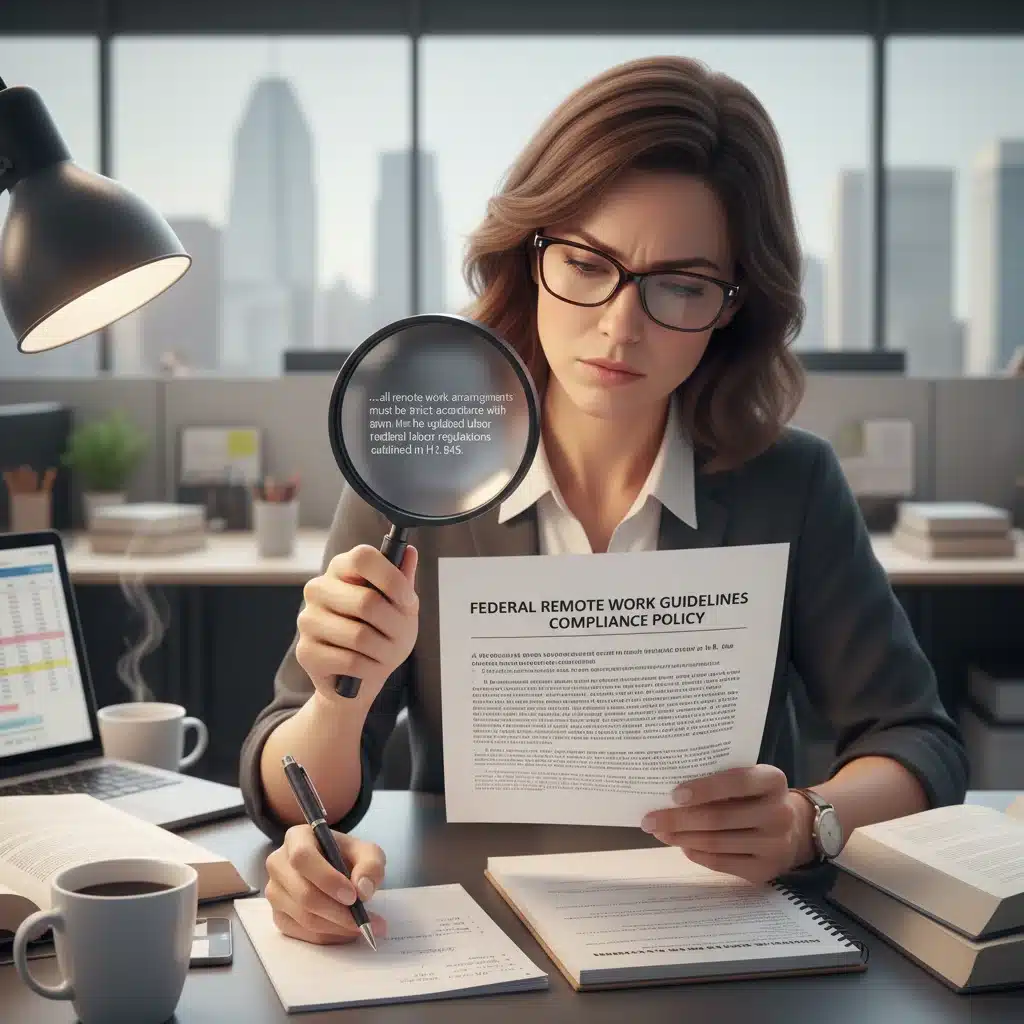 HR professional reviewing legal documents for federal remote work compliance.