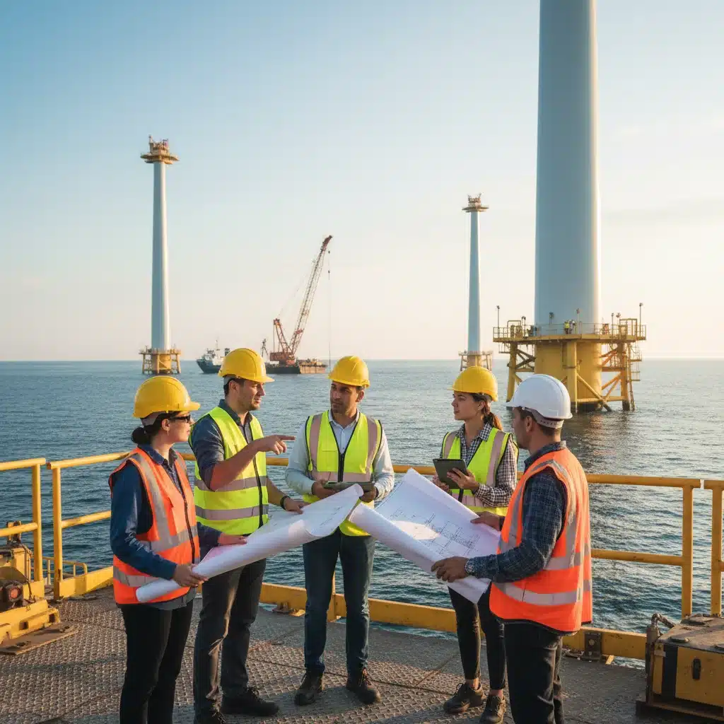 Engineers planning at an offshore wind farm construction site, symbolizing renewable energy infrastructure development.