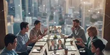 Professionals collaborating remotely on digital devices, with a city skyline in background.