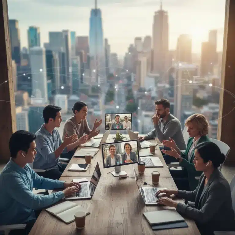 Professionals collaborating remotely on digital devices, with a city skyline in background.