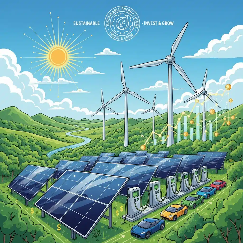 Renewable energy infrastructure with financial growth indicators, symbolizing investment in sustainable sectors.