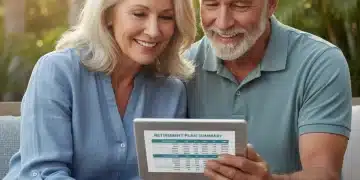 Smiling retired couple reviewing financial information on a tablet, symbolizing financial planning and security.
