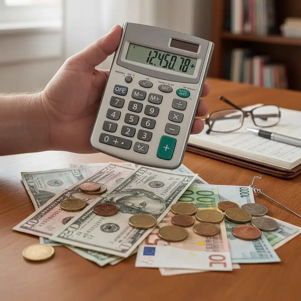 Hand using a calculator to manage retirement budget with bills and coins.