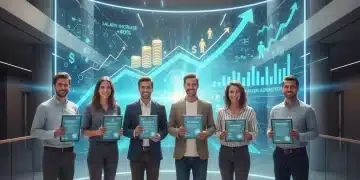 Professionals with digital certificates and financial growth charts