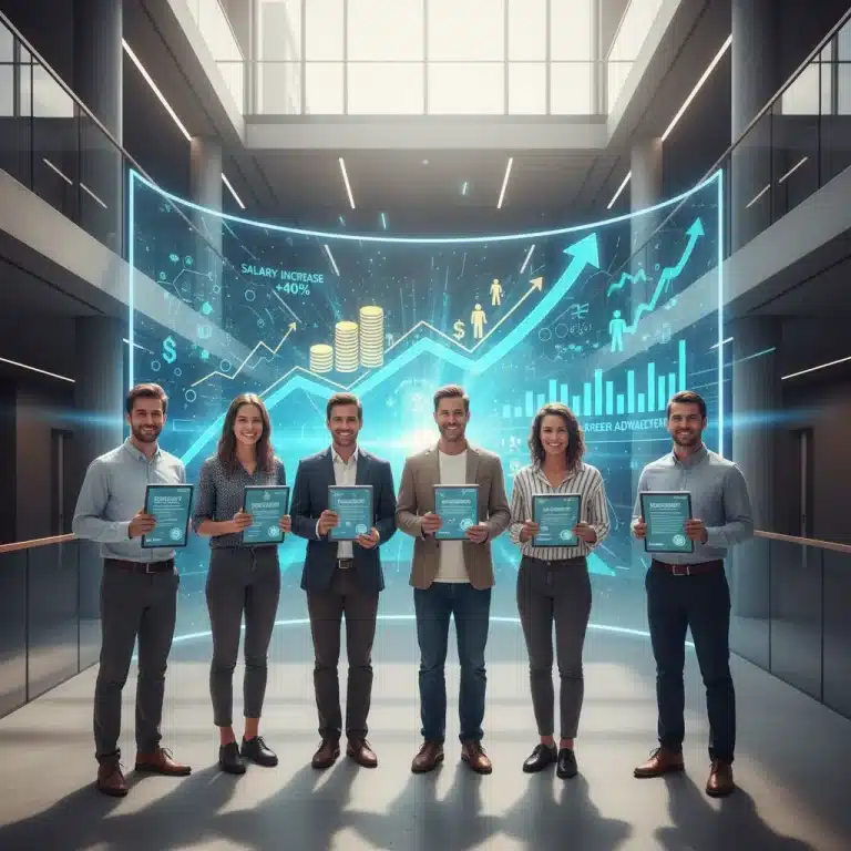 Professionals with digital certificates and financial growth charts