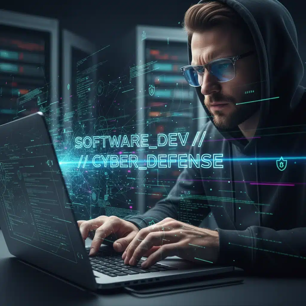Software developer coding on laptop, showing complex code
