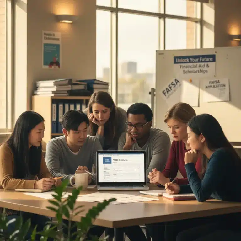 Diverse students reviewing FAFSA financial aid information on a laptop