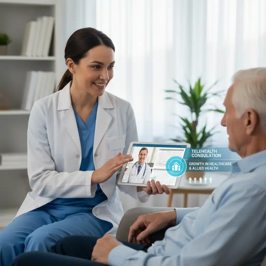 Healthcare professional conducting telehealth consultation with elderly patient