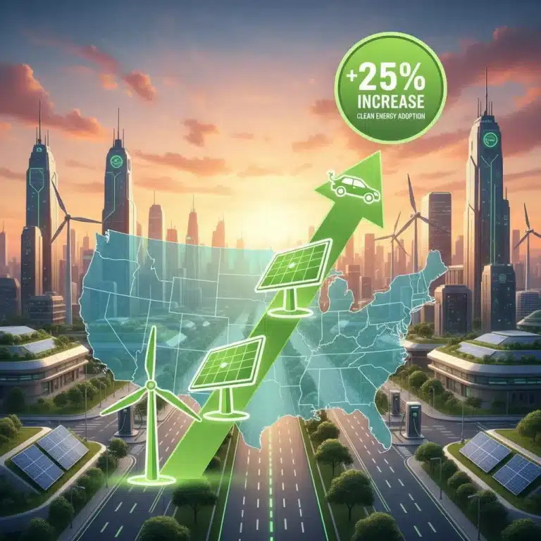 Infographic showing a 25% increase in US renewable energy investment in Q1 2026 with clean energy symbols.