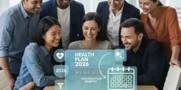 Diverse group reviewing 2026 healthcare benefits on a tablet