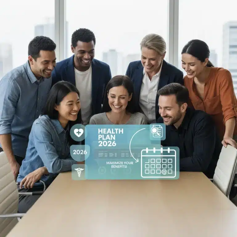 Diverse group reviewing 2026 healthcare benefits on a tablet