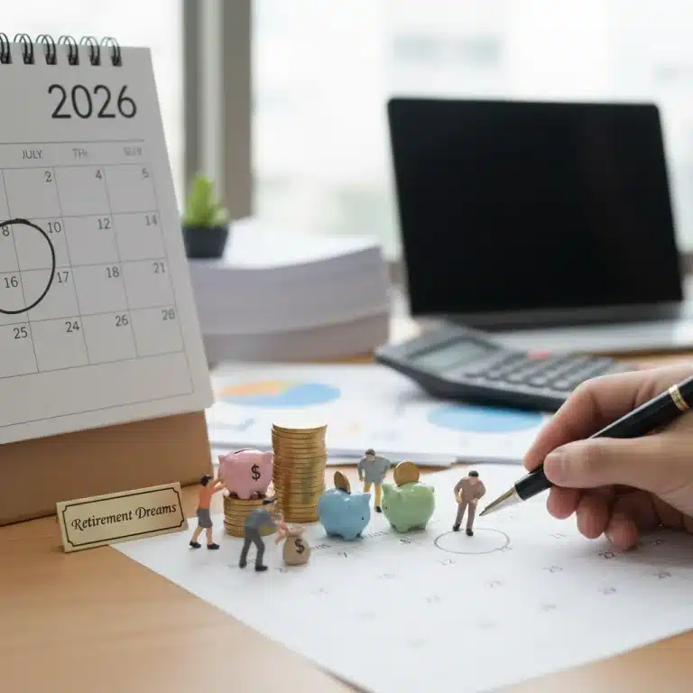 Calendar showing 2026 with financial symbols for retirement planning.