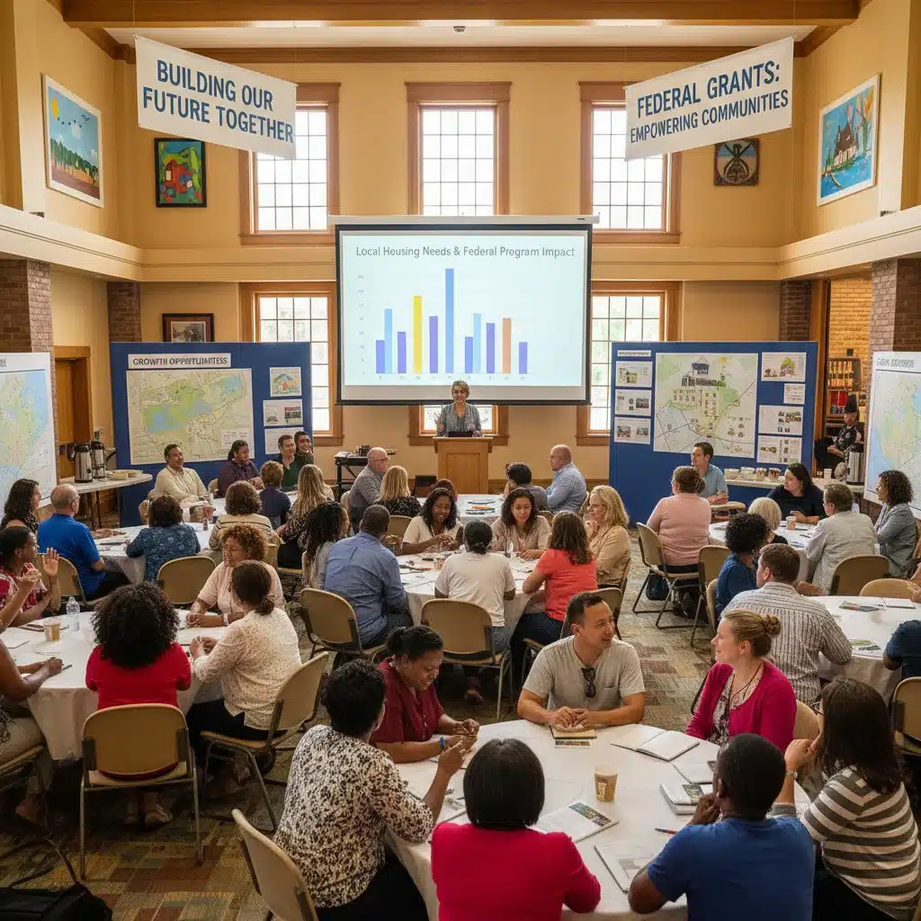 Diverse community members discussing local housing needs and federal program benefits.