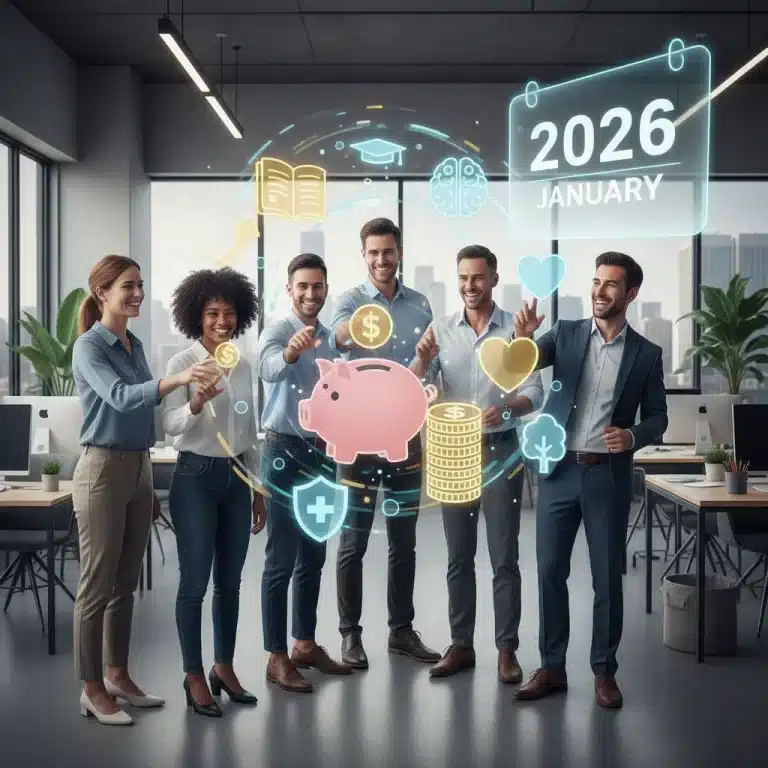 Employees benefiting from various workplace perks, saving money in 2026.