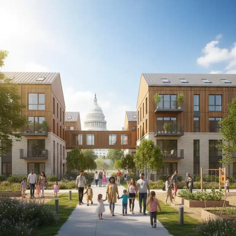 Families and individuals in front of new affordable housing, symbolizing federal housing initiative success.