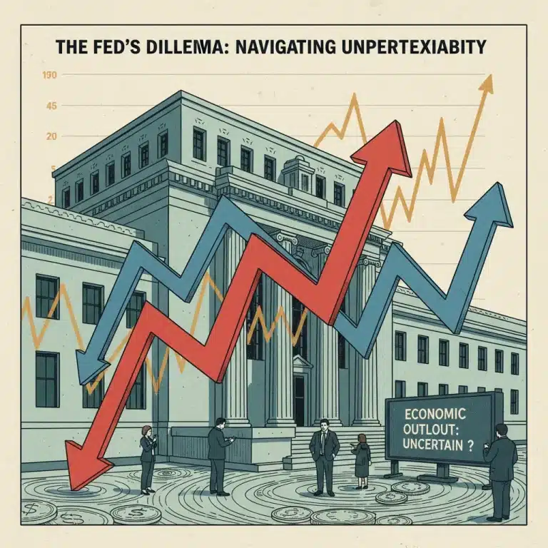 Federal Reserve building with interest rate arrows and mortgage trend graph