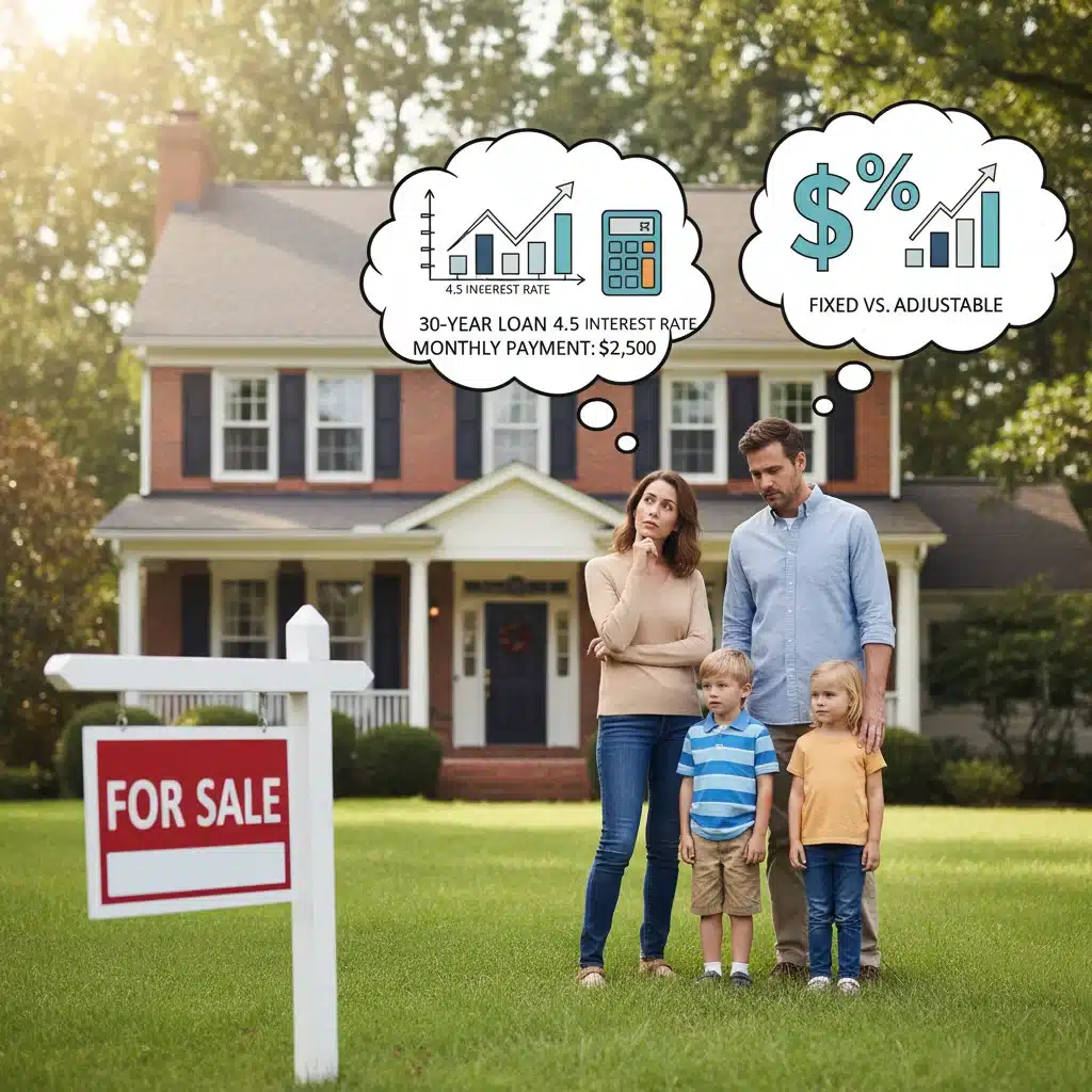 Family considering home purchase with mortgage rate calculations