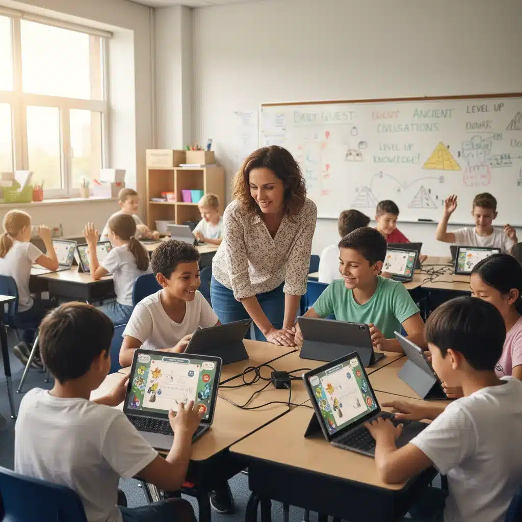 Students using educational technology for interactive learning in a modern classroom setting.