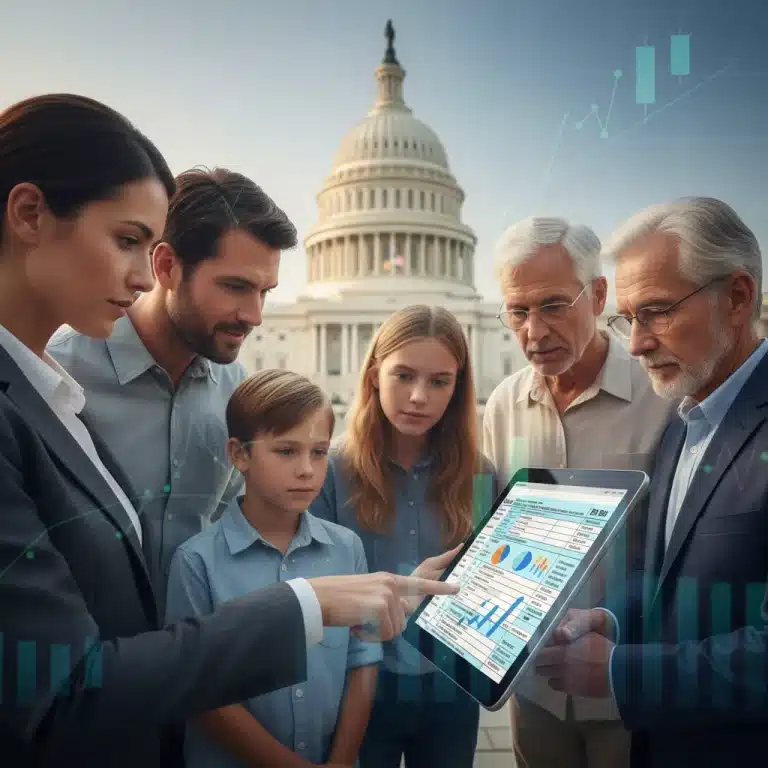 Diverse taxpayers reviewing IRS tax code changes for 2026 on a tablet, symbolizing financial planning.