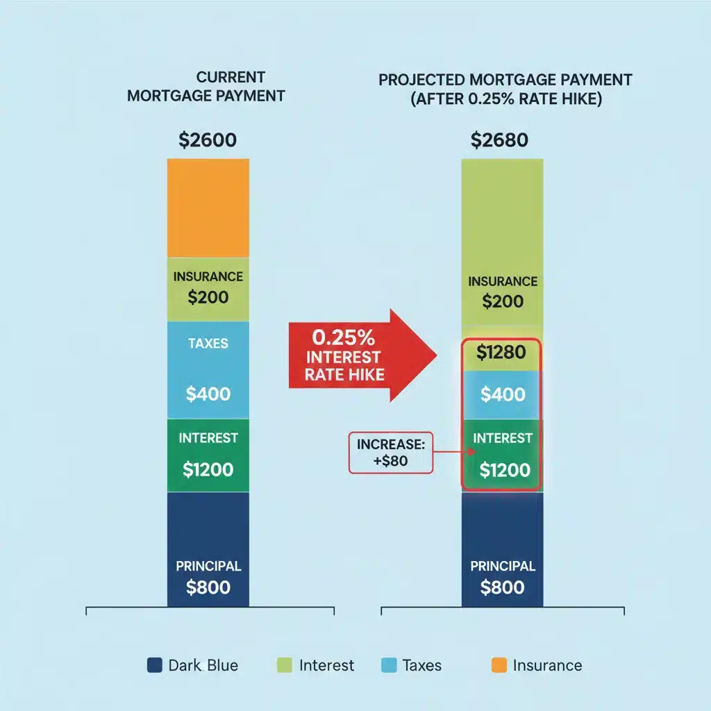 Infographic comparing current mortgage payment to projected payment after 0.25% interest rate increase.