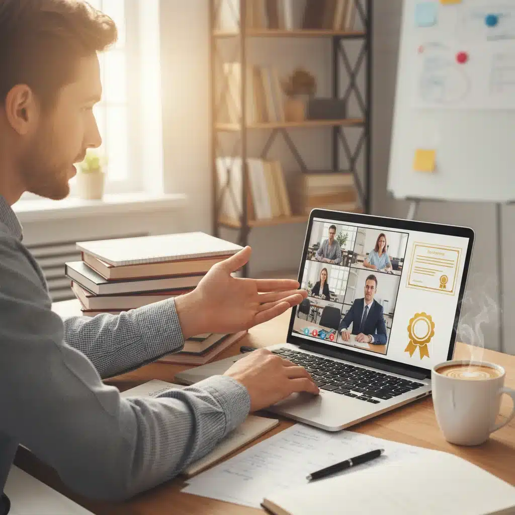 Employee engaging in an online professional development course, utilizing educational benefits.