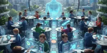 Students engaging with personalized learning technology in a modern classroom setting, showcasing data-driven education