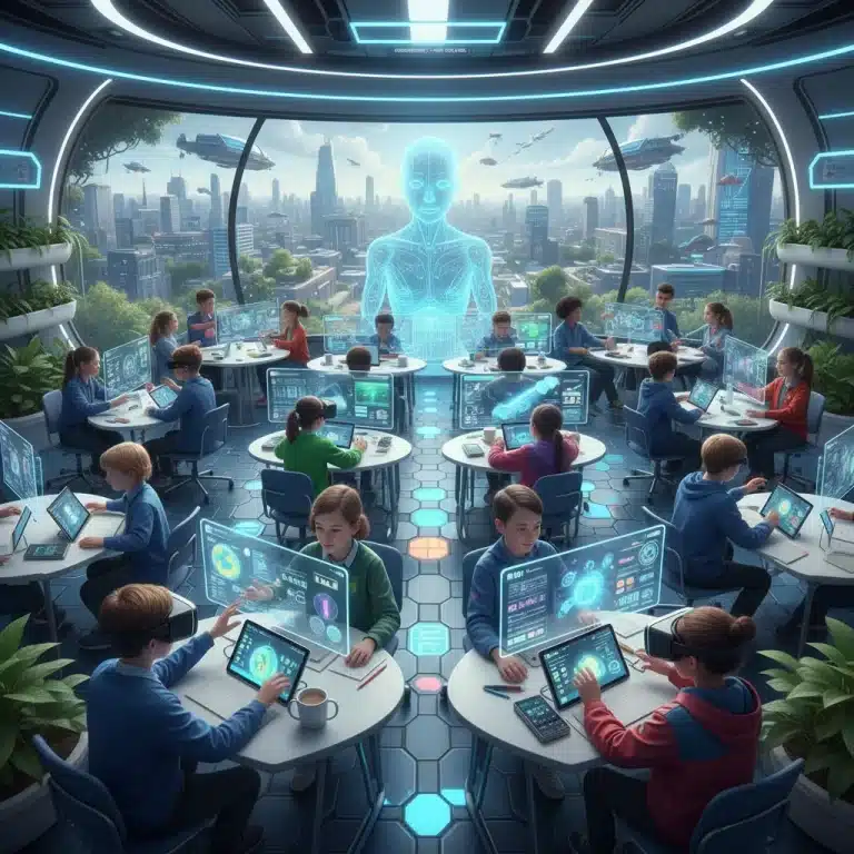 Students engaging with personalized learning technology in a modern classroom setting, showcasing data-driven education