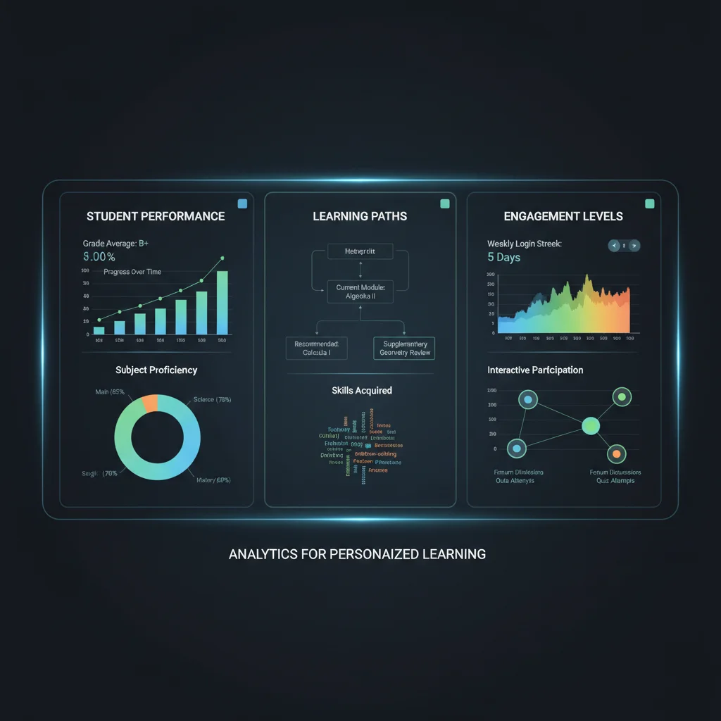 Data analytics dashboard showing student progress and personalized learning insights