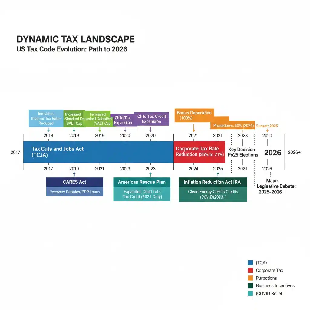 Infographic illustrating a timeline of legislative changes affecting US tax code leading to 2026.
